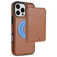 For iPhone 16 Pro Case Compatible with MagSafe Detachable Card Holder Kickstand Leather Phone Back Cover - Brown