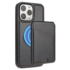 For iPhone 15 Pro Max Case Compatible with MagSafe Detachable Card Holder Kickstand Leather Phone Back Cover - Black