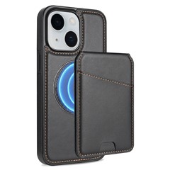 For iPhone 13 Case Compatible with MagSafe Detachable Card Holder Kickstand Leather Phone Back Cover - Black