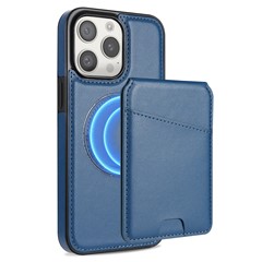 For iPhone 13 Pro Max Case Compatible with MagSafe Detachable Card Holder Kickstand Leather Phone Back Cover - Blue