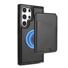 For Samsung Galaxy S25 Ultra Magnetic Case Detachable Card Holder Kickstand Leather Phone Back Cover - Black