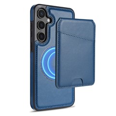 For Samsung Galaxy S25 Magnetic Case Detachable Card Holder Kickstand Leather Phone Back Cover - Blue