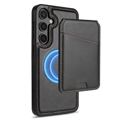 For Samsung Galaxy S24+ Magnetic Case Detachable Card Holder Kickstand Leather Phone Back Cover - Black