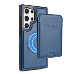 For Samsung Galaxy S24 Ultra Magnetic Case Detachable Card Holder Kickstand Leather Phone Back Cover - Blue
