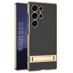 GKK For Samsung Galaxy S25 Ultra Case Electroplating Kickstand PU Hard PC Phone Back Cover - Black