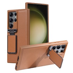 GKK For Samsung Galaxy S24 Ultra Case Lens Cover Kickstand TPU+PU Phone Back Cover - Brown