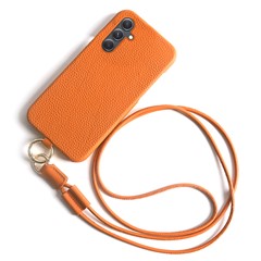 For Samsung Galaxy A54 5G Case with Lanyard Genuine Cow Leather PC Phone Back Cover - Orange