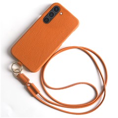 For Samsung Galaxy S23 Case with Lanyard Genuine Cow Leather PC Phone Back Cover - Orange