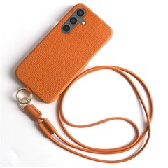 For Samsung Galaxy S24 Case with Lanyard Genuine Cow Leather PC Phone Back Cover - Orange