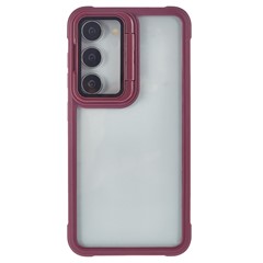 For Samsung Galaxy S23+ Case with Lens Cover Kickstand PC + TPU Clear Back Phone Cover - Wine Red