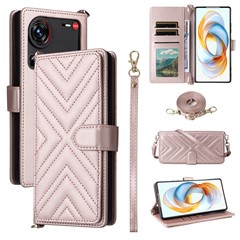 For ZTE nubia Z70S Ultra 5G / nubia Z70 Ultra 5G Wallet Case with Shoulder / Wrist Strap Leather Phone Cover Stand - Pink