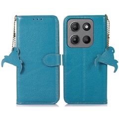 For Motorola Moto G17 Power 4G / G17 4G / G15 4G / G05 4G Case RFID Blocking Genuine Cow Leather Phone Cover Litchi Texture - Blue