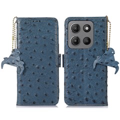 For Motorola Moto G15 4G / G05 4G Case RFID Blocking Genuine Cow Leather Phone Case Ostrich Texture - Blue