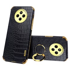 Kickstand Case for Xiaomi Poco C75 4G / 14R 5G / 14C 4G Crocodile Texture TPU + PU Electroplating Phone Cover - Black