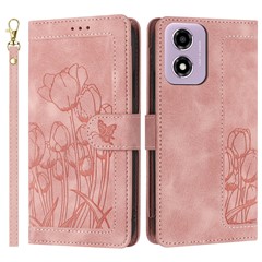 For Motorola Moto E14 4G Tulip Leather Case Phone Cover with 5 Card Slots Wallet - Pink