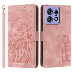 For Motorola Edge 50 Pro 5G Tulip Leather Case Phone Cover with 5 Card Slots Wallet - Pink