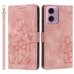 For Motorola Moto G Power (2025) Tulip Leather Case Phone Cover with 5 Card Slots Wallet - Pink