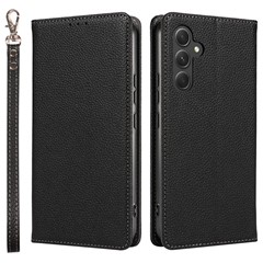For Samsung Galaxy S25+ Case Magnetic Litchi Texture Wallet Leather Phone Cover with Wrist Strap - Black