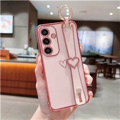 For Samsung Galaxy S24 FE Case Electroplated Heart Pattern TPU Phone Back Cover with Wristband Kickstand - Pink