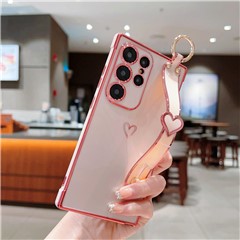 For Samsung Galaxy S25 Ultra Case Electroplated Heart Pattern TPU Phone Back Cover with Wristband Kickstand - Pink