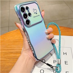 For Samsung Galaxy S24 Ultra Case with Strap TPU Phone Back Cover Dazzling Design Curly Shape Love Heart - Colorful Blue