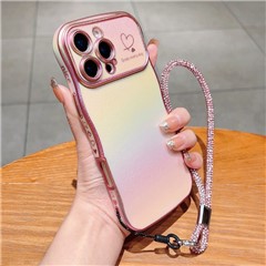 For iPhone 16 Pro Case with Strap TPU Phone Back Cover Dazzling Design Curly Shape Love Heart - Colorful Pink