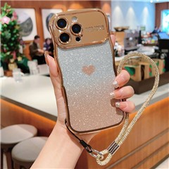 For iPhone 16 Pro Case with Strap Electroplating TPU Phone Cover Love Heart Gradient Glitter - Gold