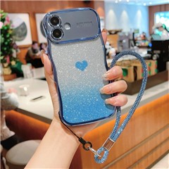 For iPhone 16 Plus Case with Strap Electroplating TPU Phone Cover Love Heart Gradient Glitter - Blue