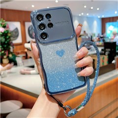 For Samsung Galaxy S25 Ultra Case with Strap Electroplating TPU Phone Cover Love Heart Gradient Glitter - Blue