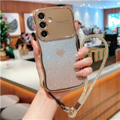 For Samsung Galaxy S24 FE Case with Strap Electroplating TPU Phone Cover Love Heart Gradient Glitter - Gold