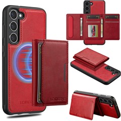 LC.IMEEKE L5 For Samsung Galaxy S23 Magnetic Phone Case Leather Back Cover with Detachable Card Holder - Red