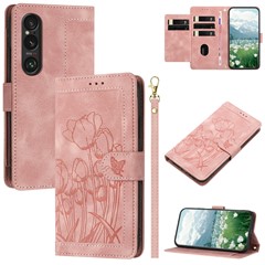 For Sony Xperia 1 VI Tulip Leather Case Phone Cover with 5 Card Slots Wallet - Pink