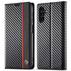 LC.IMEEKE For Samsung Galaxy A26 5G Case Carbon Fiber Texture Phone Cover Stand Card Holder - Vertical Stripe