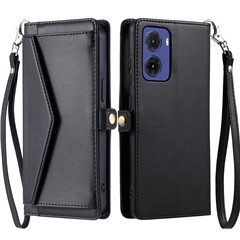 For Motorola Moto G05 4G Leather Case Wallet Stand Phone Cover with Straps - Black
