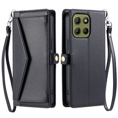 For Motorola Moto G15 4G Leather Case Wallet Stand Phone Cover with Straps - Black