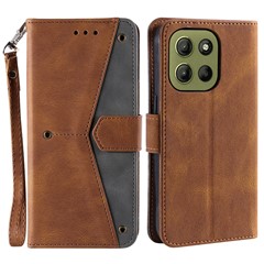 For Motorola Moto G17 Power 4G / G17 4G / G15 Power 4G / G15 4G Leather Case Splicing Stitching Wallet Stand Phone Cover with Strap - Brown
