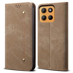 For Motorola Moto G15 4G Case Jeans Cloth Texture Anti-Scratch Leather Stand Phone Cover - Khaki