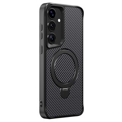 For Samsung Galaxy S25 / S24 Phone Case with Magnetic Kickstand TPU + PC Carbon Fiber Back Cover - Black