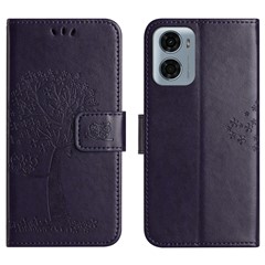 For Motorola Moto E15 4G  /  G05 4G Case PU Leather Owl Tree Imprinted Wallet Phone Cover - Dark Blue