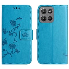For Motorola Moto G15 4G  /  G15 Power 4G Case Wallet Stand Imprinted Butterfly Flower PU Leather Phone Cover - Blue