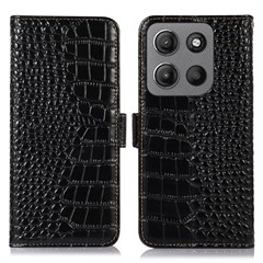 For Motorola Moto G17 Power 4G / G17 4G / G15 4G  /  G05 4G Case Crocodile Texture Genuine Cow Leather Phone Wallet Cover - Black