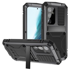 R-JUST For Samsung Galaxy S25+ Case PC + Silicone + Metal Kickstand Phone Cover with Tempered Glass Film - Black