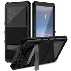 R-JUST For Samsung Galaxy S25 Ultra Case PC + Silicone + Metal Kickstand Phone Cover with Tempered Glass Film - Black