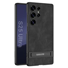 GKK For Samsung Galaxy S25 Ultra Case Matte Leather Coated PC Slim Phone Cover with Kickstand - Matte Black