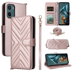 For Motorola Moto G05 4G  /  E15 4G Wallet Case with Shoulder / Wrist Strap Leather Phone Cover Stand - Pink