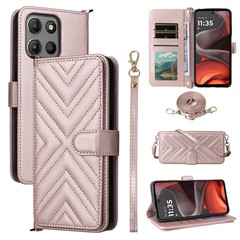 For Motorola Moto G17 Power 4G / G17 4G / G15 4G / G15 Power 4G Wallet Case with Shoulder / Wrist Strap Leather Phone Cover Stand - Pink