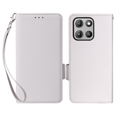 For Motorola Moto G15 Power 4G / G15 4G Case with Wrist Strap Litchi Texture PU Leather Wallet Phone Cover - White