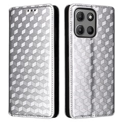 For Motorola Moto G15 Power 4G  /  G15 4G Wallet Case Rhombus Imprinted Leather Phone Cover - Silver