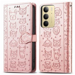For Realme C75 4G Leather Wallet Case Flip Phone Cover with Cute Cat Dog Pattern - Rose Gold