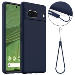 For Google Pixel 7a Magnetic Case Liquid Silicone Phone Cover with Lanyard - Dark Blue